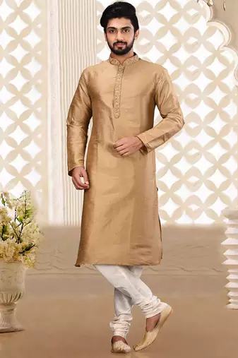 Fawn dupion art silk  kurta with asymmetrical side open patttern