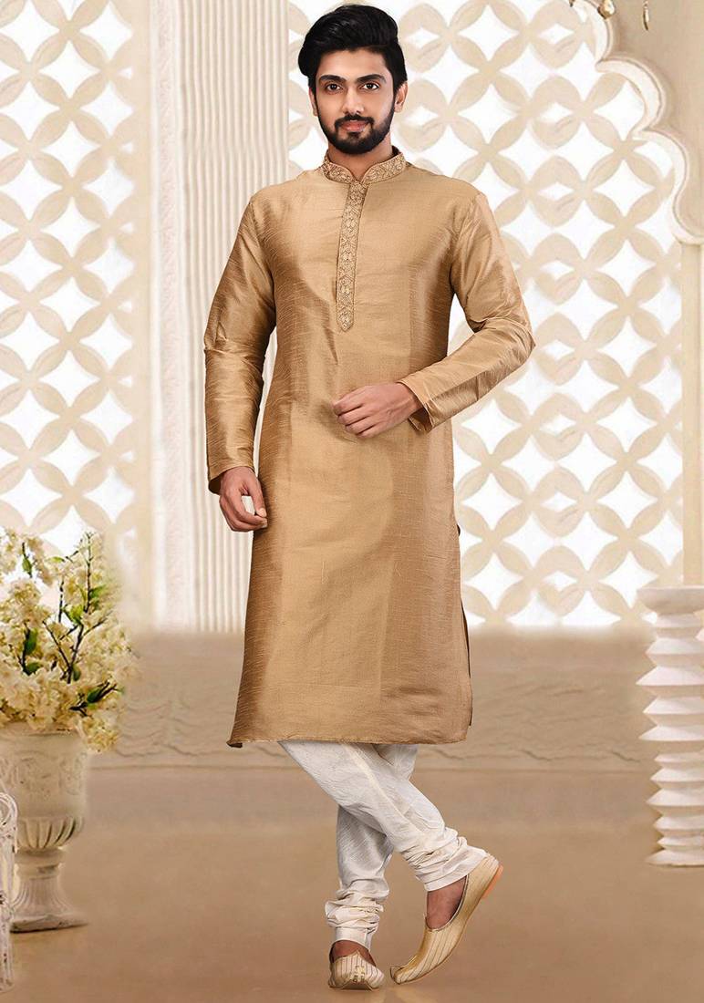 Fawn dupion art silk  kurta with asymmetrical side open patttern