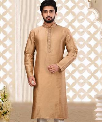 Beige dupion art silk  kurta with asymmetrical side open patttern 1