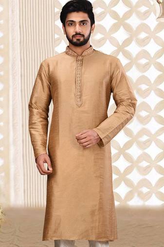 Beige dupion art silk  kurta with asymmetrical side open patttern