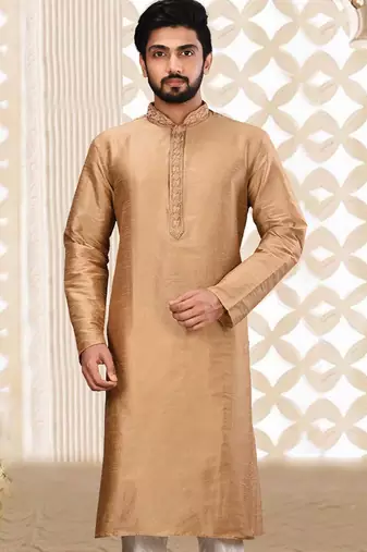 Beige dupion art silk  kurta with asymmetrical side open patttern