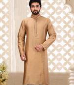 Beige dupion art silk  kurta with asymmetrical side open patttern