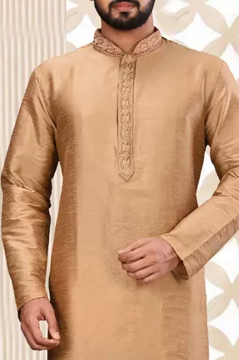 Beige dupion art silk  kurta with asymmetrical side open patttern