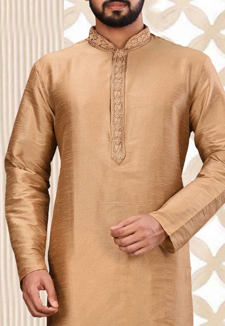 Beige dupion art silk  kurta with asymmetrical side open patttern