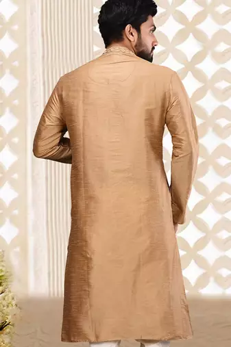 Beige dupion art silk  kurta with asymmetrical side open patttern