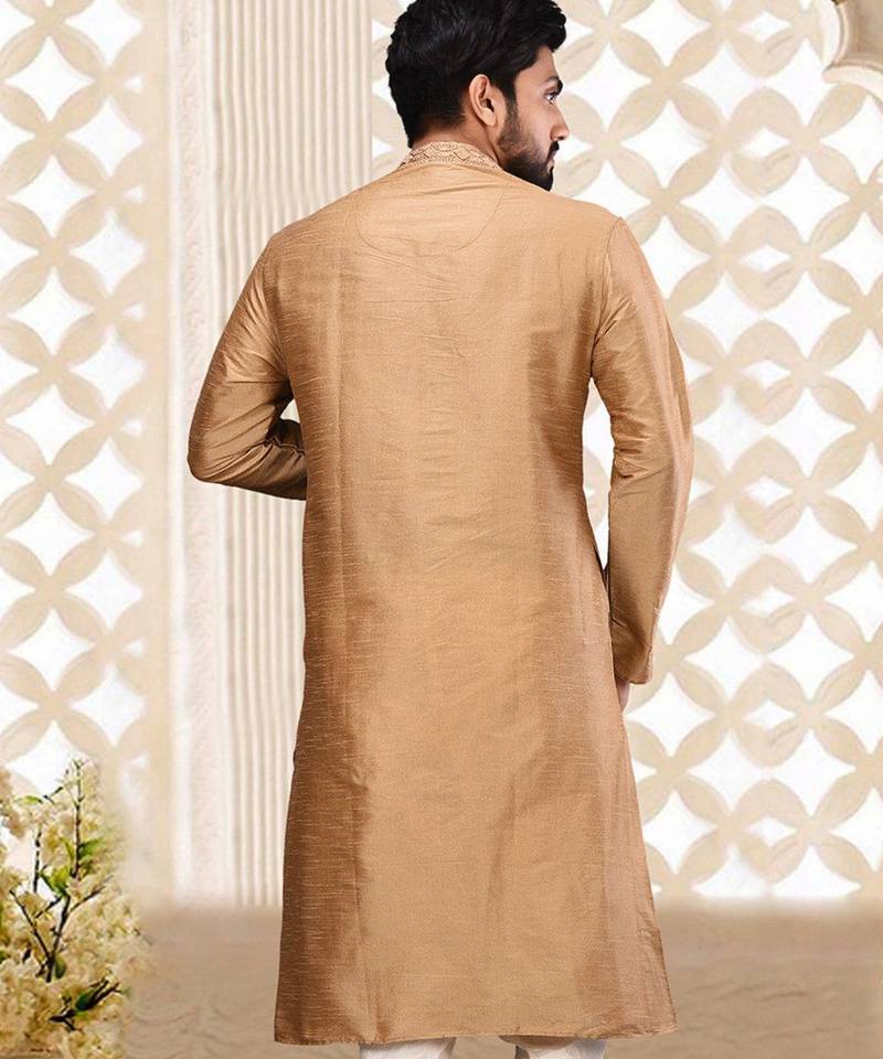 Beige dupion art silk  kurta with asymmetrical side open patttern