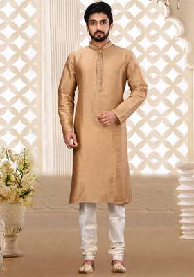Beige dupion art silk  kurta with asymmetrical side open patttern 4