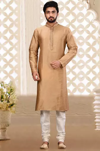 Beige dupion art silk  kurta with asymmetrical side open patttern