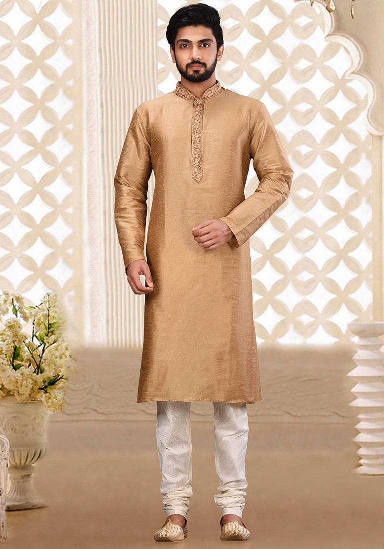 Beige dupion art silk  kurta with asymmetrical side open patttern