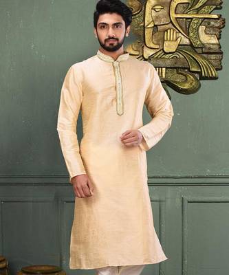 Fawn dupion art silk  kurta with asymmetrical side open patttern 1