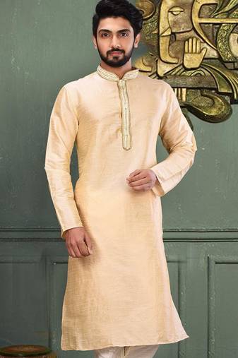 Fawn dupion art silk  kurta with asymmetrical side open patttern