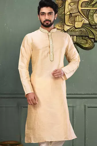 Fawn dupion art silk  kurta with asymmetrical side open patttern