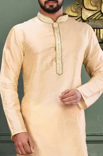 Fawn dupion art silk  kurta with asymmetrical side open patttern