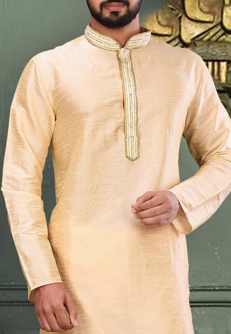 Fawn dupion art silk  kurta with asymmetrical side open patttern