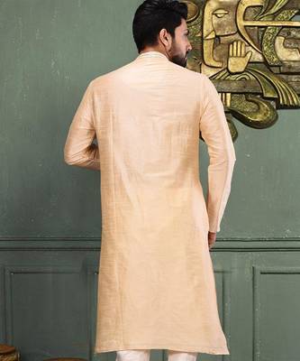 Fawn dupion art silk  kurta with asymmetrical side open patttern 3