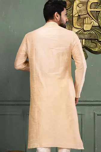 Fawn dupion art silk  kurta with asymmetrical side open patttern