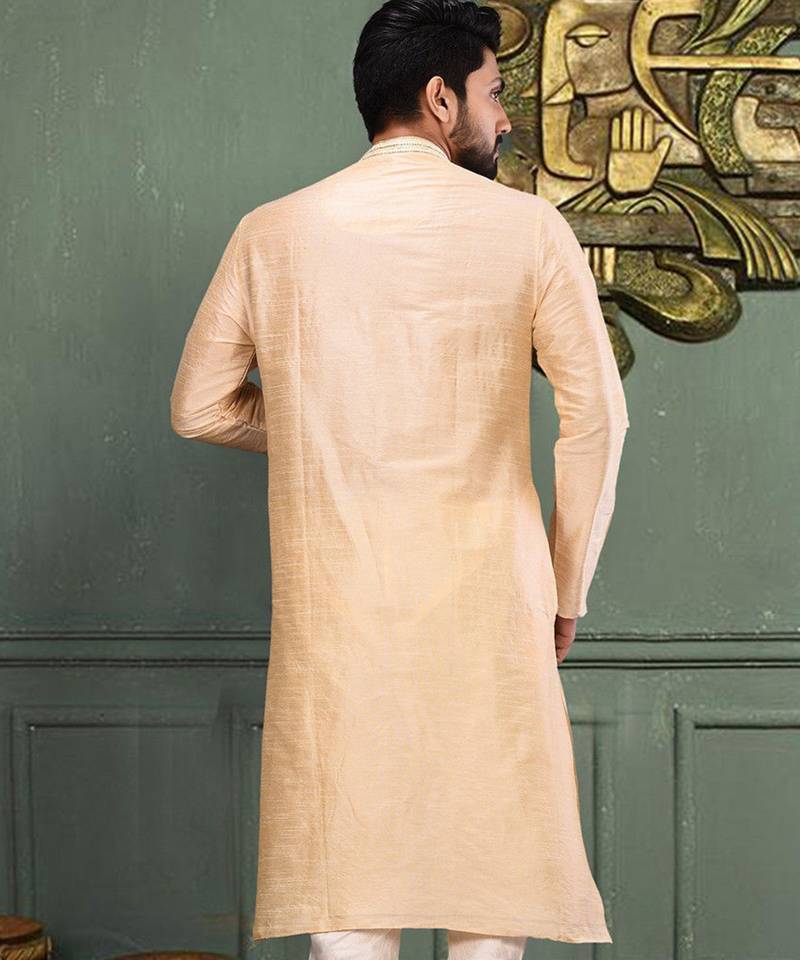Fawn dupion art silk  kurta with asymmetrical side open patttern