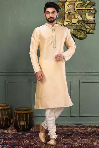 Fawn dupion art silk  kurta with asymmetrical side open patttern