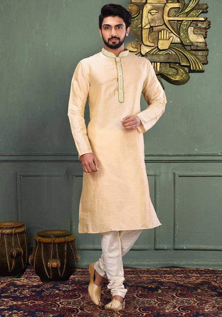 Fawn dupion art silk  kurta with asymmetrical side open patttern