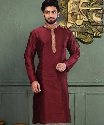 Mahroon dupion art silk  kurta with asymmetrical side open patttern 1