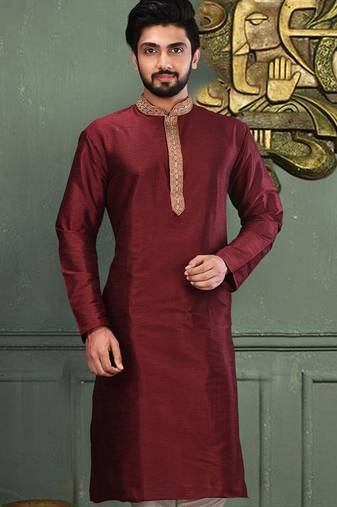 Mahroon dupion art silk  kurta with asymmetrical side open patttern