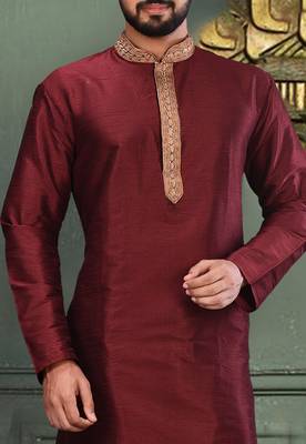 Mahroon dupion art silk  kurta with asymmetrical side open patttern 2