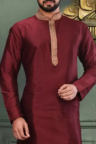 Mahroon dupion art silk  kurta with asymmetrical side open patttern