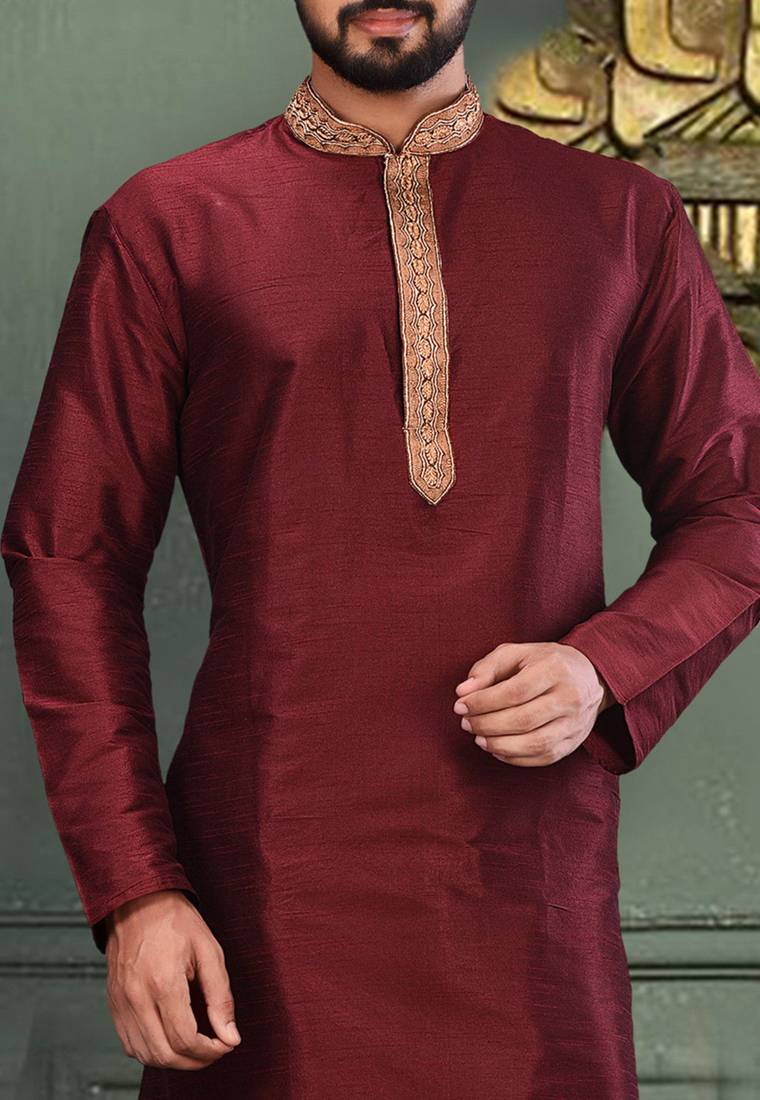 Mahroon dupion art silk  kurta with asymmetrical side open patttern