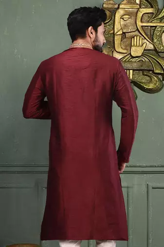 Mahroon dupion art silk  kurta with asymmetrical side open patttern