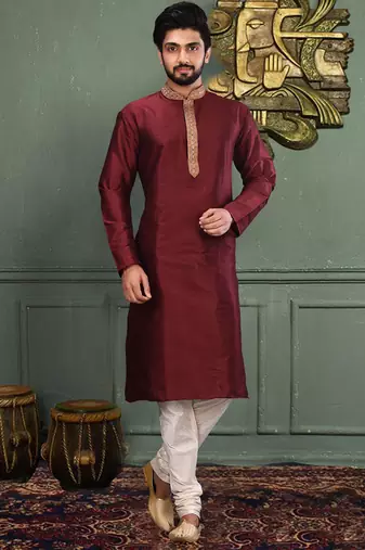 Mahroon dupion art silk  kurta with asymmetrical side open patttern