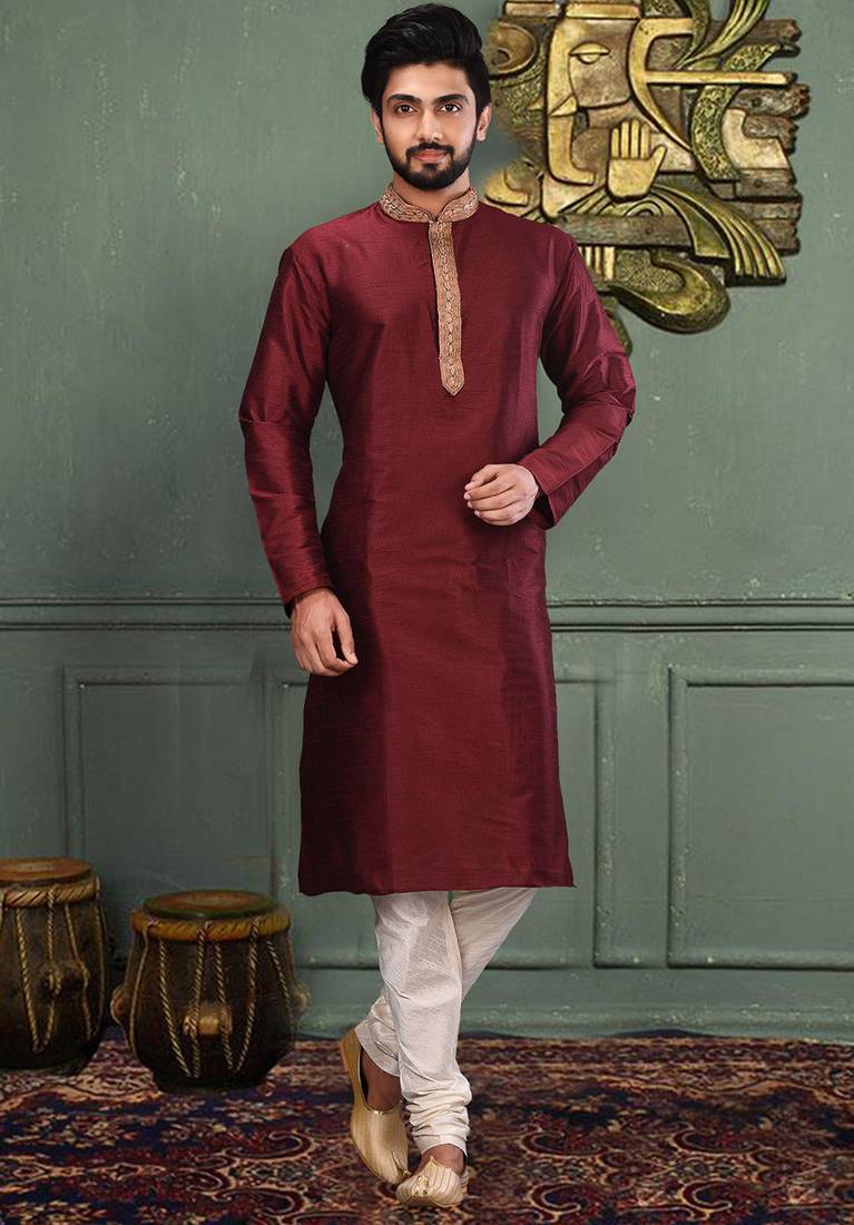 Mahroon dupion art silk  kurta with asymmetrical side open patttern