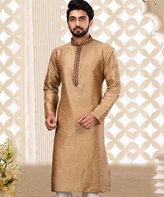 Beige dupion art silk  kurta with plain cotton silk kurta&fancy buttons 1