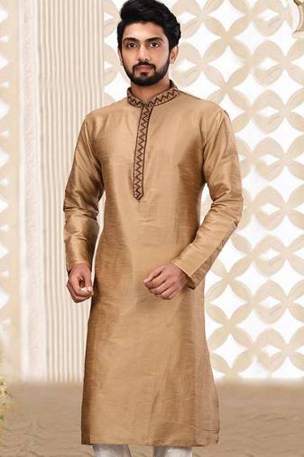 Beige dupion art silk  kurta with plain cotton silk kurta&fancy buttons