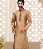 Beige dupion art silk  kurta with plain cotton silk kurta&fancy buttons