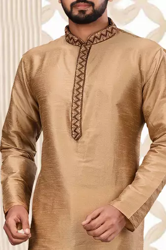 Beige dupion art silk  kurta with plain cotton silk kurta&fancy buttons