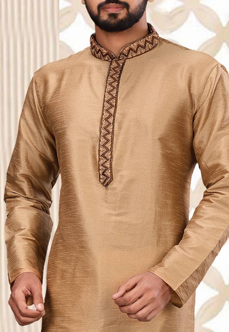 Beige dupion art silk  kurta with plain cotton silk kurta&fancy buttons