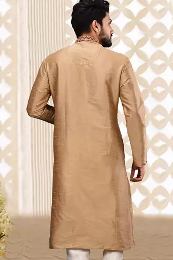 Beige dupion art silk  kurta with plain cotton silk kurta&fancy buttons