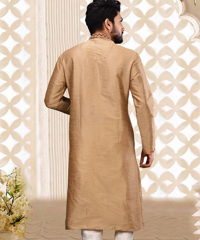 Beige dupion art silk  kurta with plain cotton silk kurta&fancy buttons