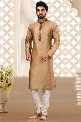 Beige dupion art silk  kurta with plain cotton silk kurta&fancy buttons