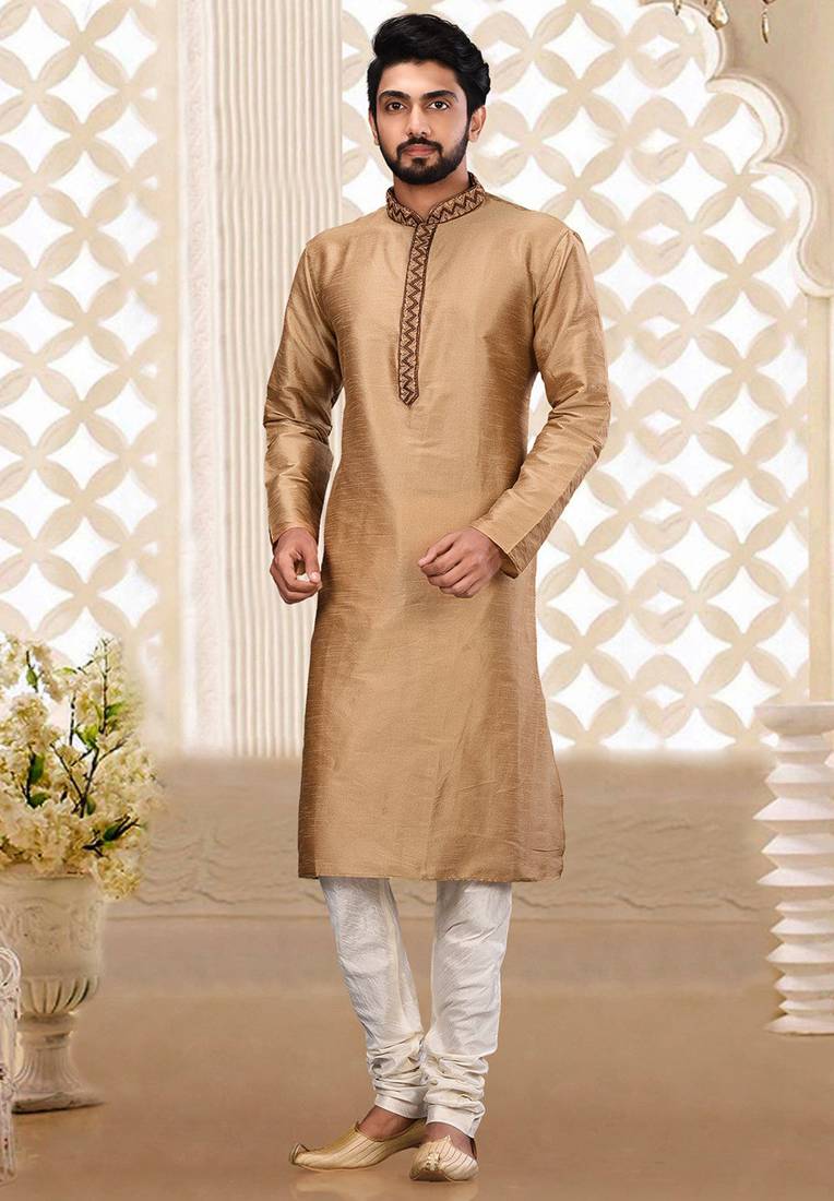 Beige dupion art silk  kurta with plain cotton silk kurta&fancy buttons