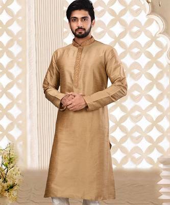 Beige dupion art silk  kurta with cotton silk kurta with hand work on collor button neck and mohri 1