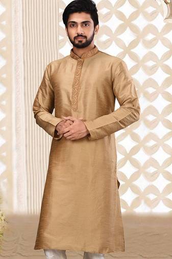 Beige dupion art silk  kurta with cotton silk kurta with hand work on collor button neck and mohri