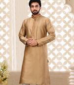 Beige dupion art silk  kurta with cotton silk kurta with hand work on collor button neck and mohri