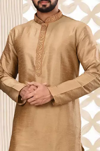 Beige dupion art silk  kurta with cotton silk kurta with hand work on collor button neck and mohri