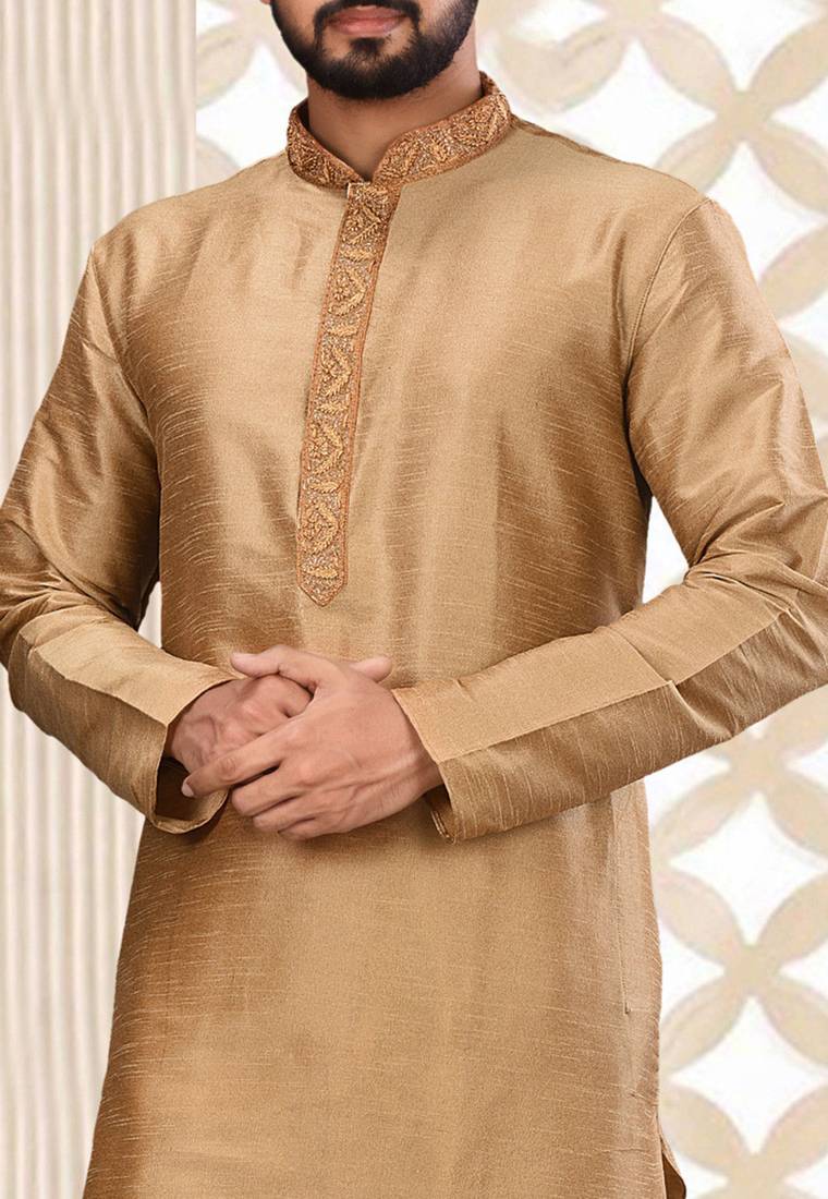 Beige dupion art silk  kurta with cotton silk kurta with hand work on collor button neck and mohri