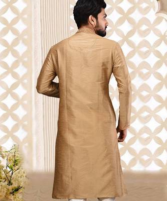Beige dupion art silk  kurta with cotton silk kurta with hand work on collor button neck and mohri 3