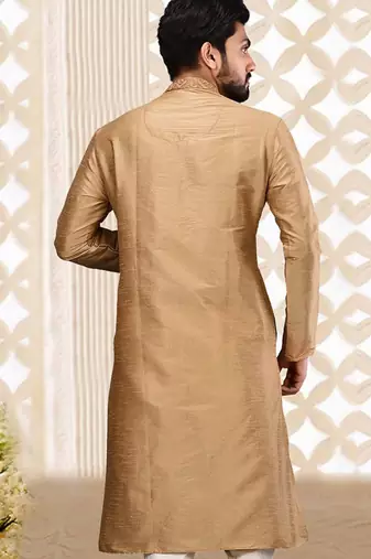 Beige dupion art silk  kurta with cotton silk kurta with hand work on collor button neck and mohri