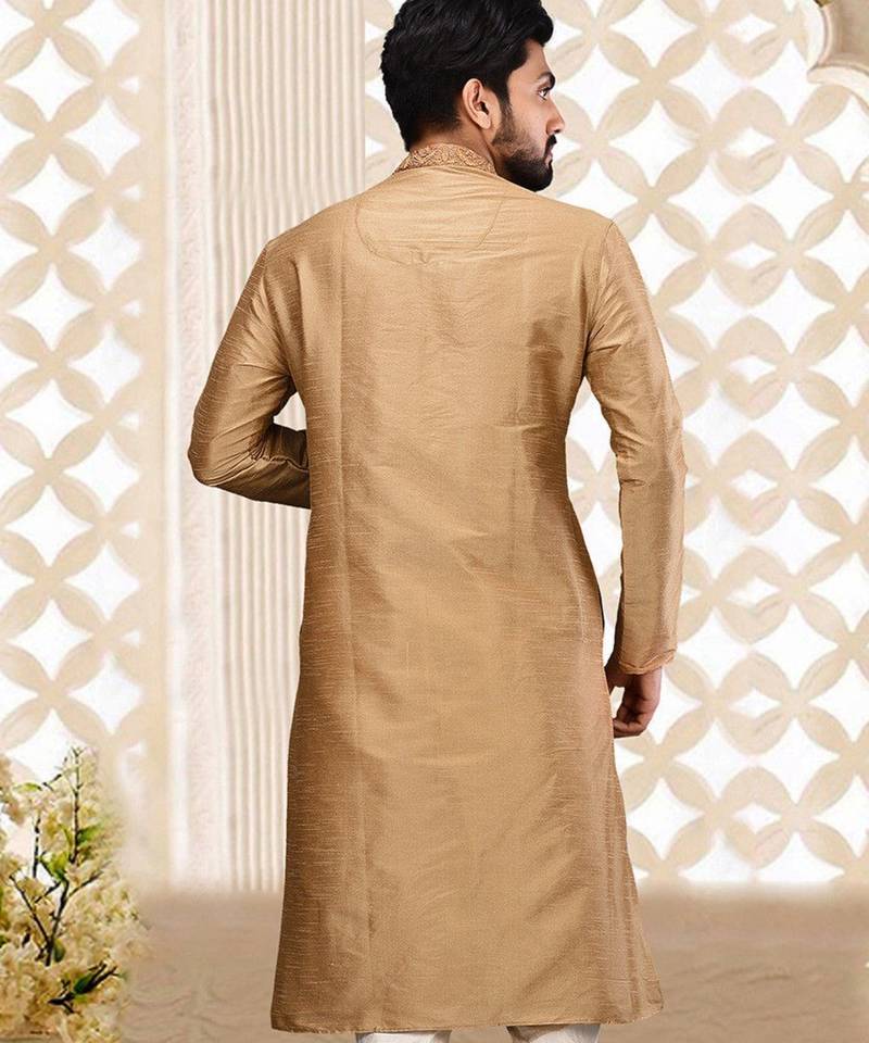 Beige dupion art silk  kurta with cotton silk kurta with hand work on collor button neck and mohri