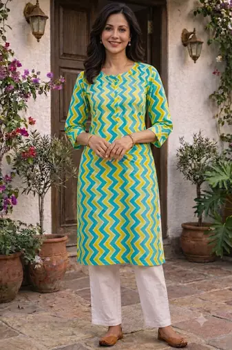 Aqua blue & light green printed cotton kurti