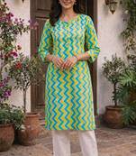 Aqua blue & light green printed cotton kurti